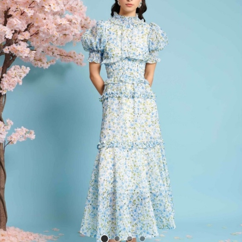 Sister Jane Powder Blue and White Floral Puff-Sleeve Maxi Dress